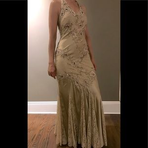 Elegant evening halter dress silk champagne/ taupe color, Sue Wong designer